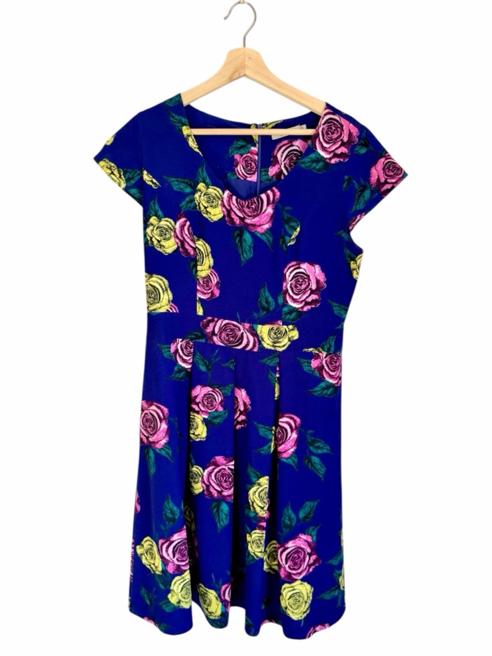 Darling Blue Floral Fit & Flare Dress Pleated Short Sleeve Retro Size L